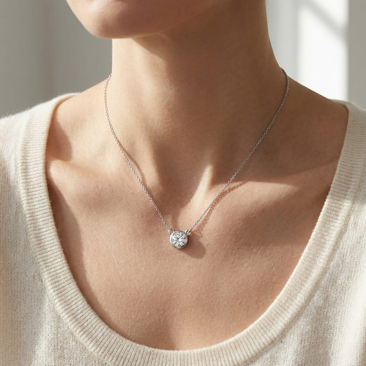 Natural Diamond Round Brilliant Solitaire Pendant in 14K White Gold, 2 ct. t.w., worn close-up portrait