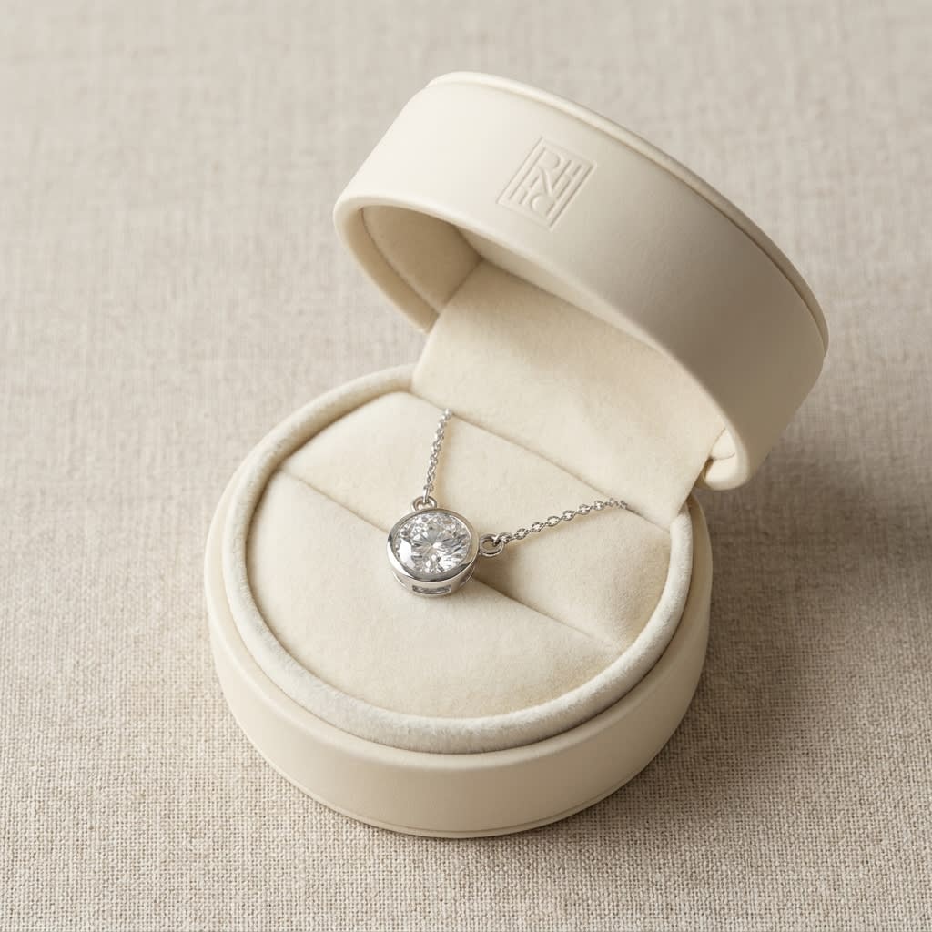 Natural Diamond Round Brilliant Solitaire Pendant in 14K White Gold, 2 ct. t.w., in navy velvet jewelry box