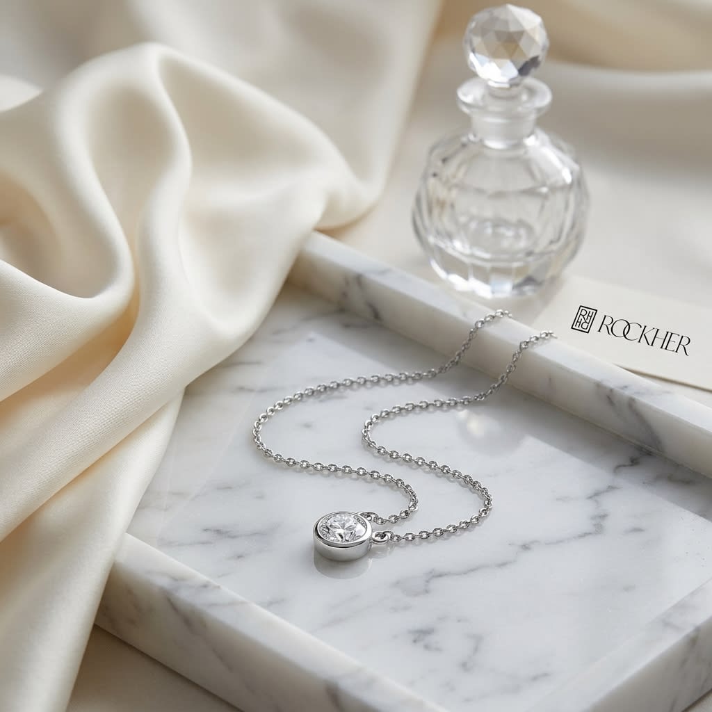 Natural Diamond Round Brilliant Solitaire Pendant in 14K White Gold, 1 ct. t.w., on marble vanity tray with silk
