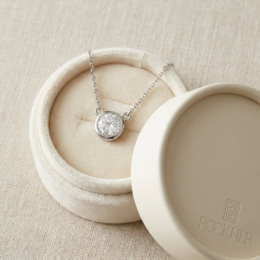 Natural Diamond Round Brilliant Solitaire Pendant in 14K White Gold, 1 ct. t.w., in navy velvet jewelry box