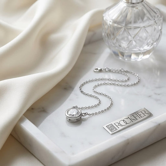 Natural Diamond Round Brilliant Solitaire Pendant in 14K White Gold, 4 ct. t.w., on marble vanity tray with silk