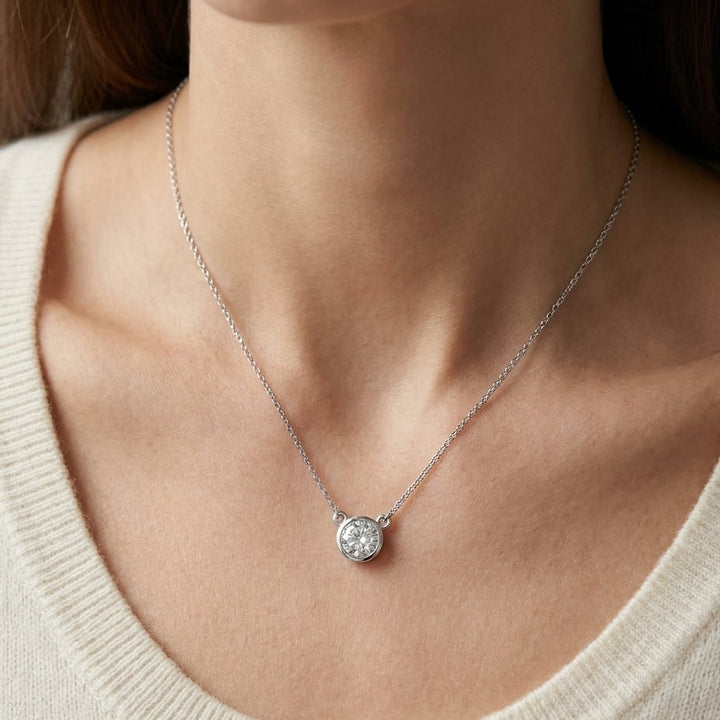 Natural Diamond Round Brilliant Solitaire Pendant in 14K White Gold, 4 ct. t.w., worn close-up portrait