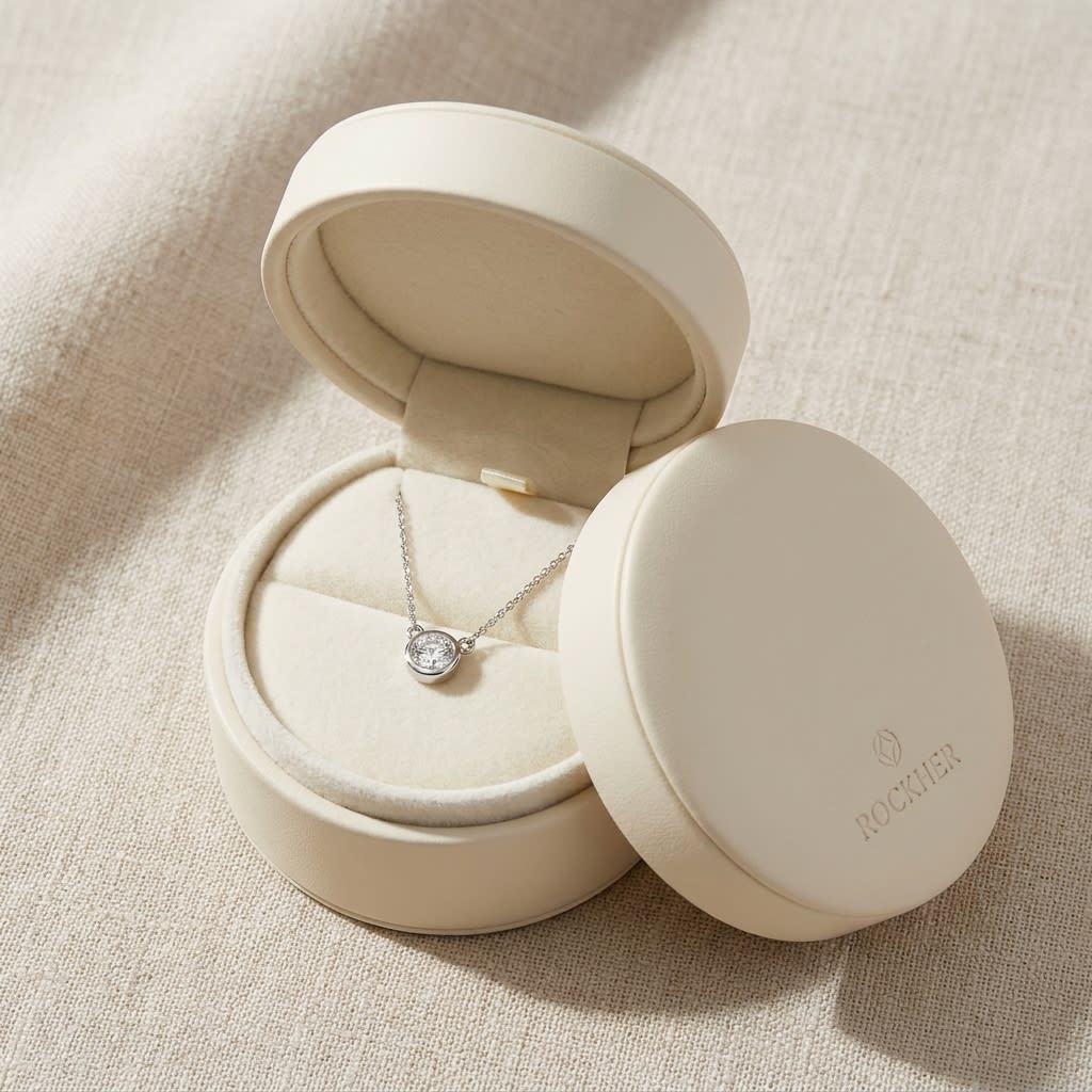 Natural Diamond Round Brilliant Solitaire Pendant in 14K White Gold, 4 ct. t.w., in navy velvet jewelry box