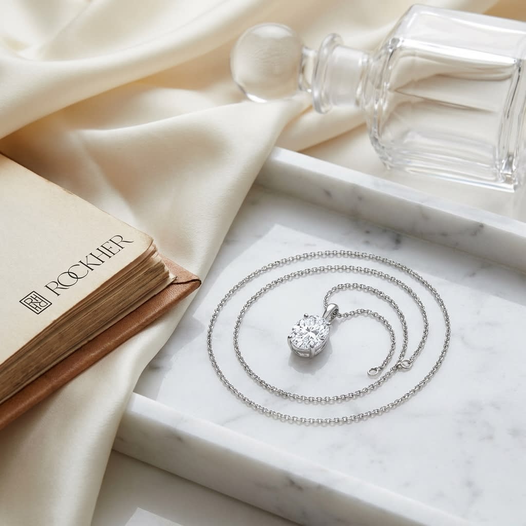 Natural Diamond Oval Solitaire Pendant in 14K White Gold, 2 ct. t.w., on marble vanity tray with silk