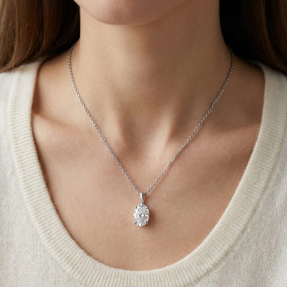 Natural Diamond Oval Solitaire Pendant in 14K White Gold, 2 ct. t.w., worn close-up portrait