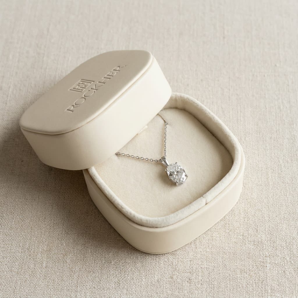 Natural Diamond Oval Solitaire Pendant in 14K White Gold, 2 ct. t.w., in navy velvet jewelry box