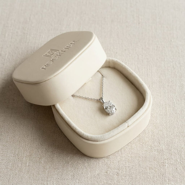 Natural Diamond Oval Solitaire Pendant in 14K White Gold, 2 ct. t.w., in navy velvet jewelry box