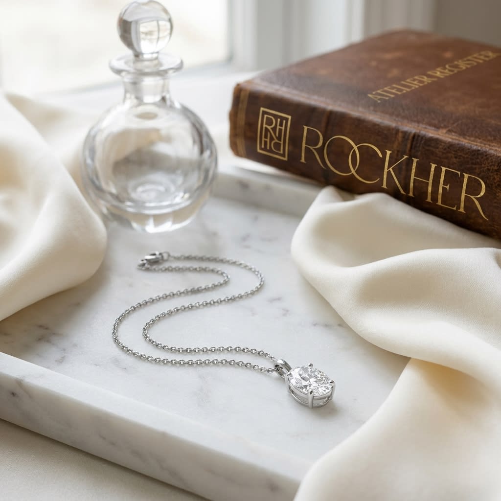 Natural Diamond Oval Solitaire Pendant in 14K White Gold, 4 ct. t.w., on marble vanity tray with silk