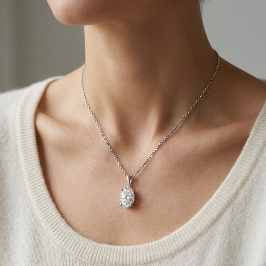 Natural Diamond Oval Solitaire Pendant in 14K White Gold, 4 ct. t.w., worn close-up portrait