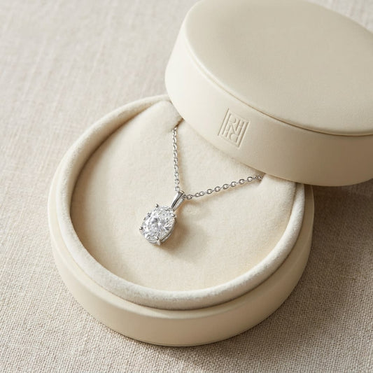 Natural Diamond Oval Solitaire Pendant in 14K White Gold, 4 ct. t.w., in navy velvet jewelry box