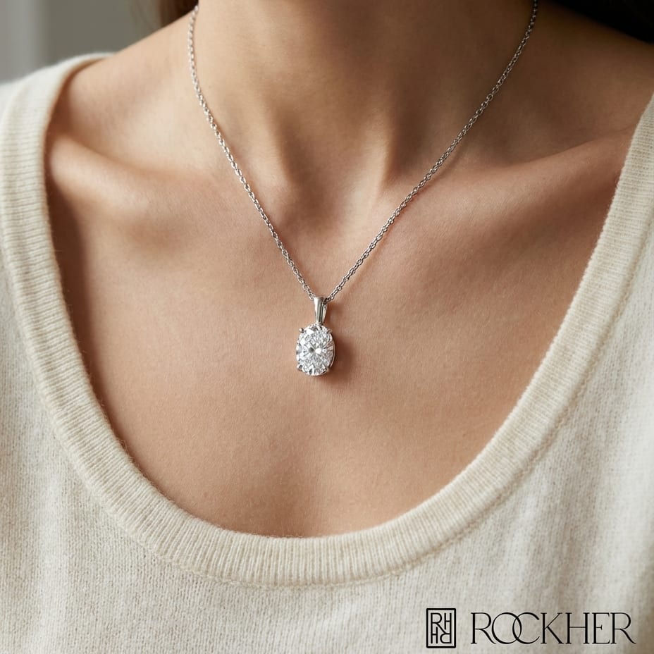 Natural Diamond Oval Solitaire Pendant in 14K White Gold, 2 ct. t.w., worn close-up portrait
