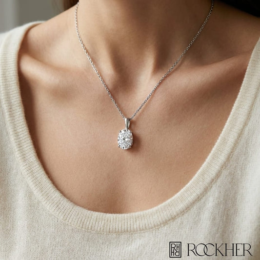 Natural Diamond Oval Solitaire Pendant in 14K White Gold, 2 ct. t.w., worn close-up portrait