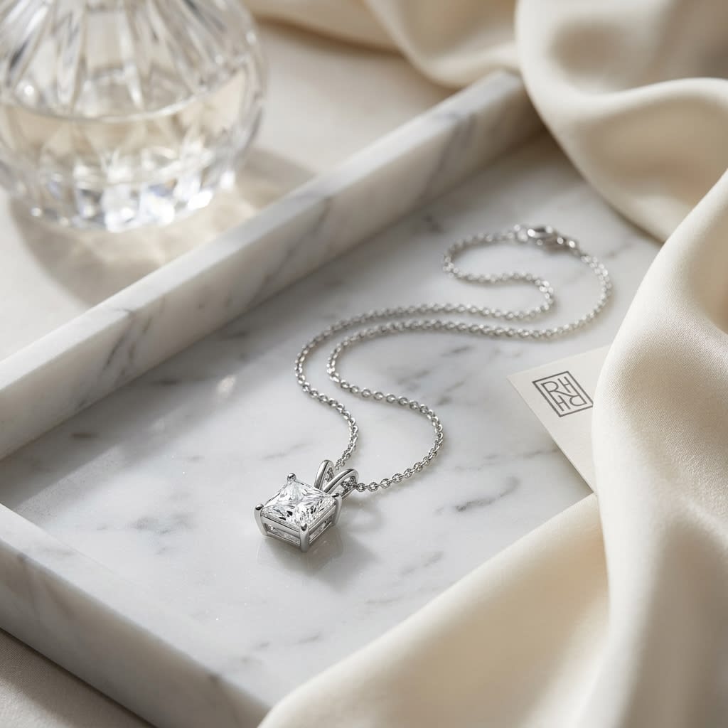 Natural Diamond Princess Cut Solitaire Pendant in 14K White Gold, 4 ct. t.w., on marble vanity tray with silk