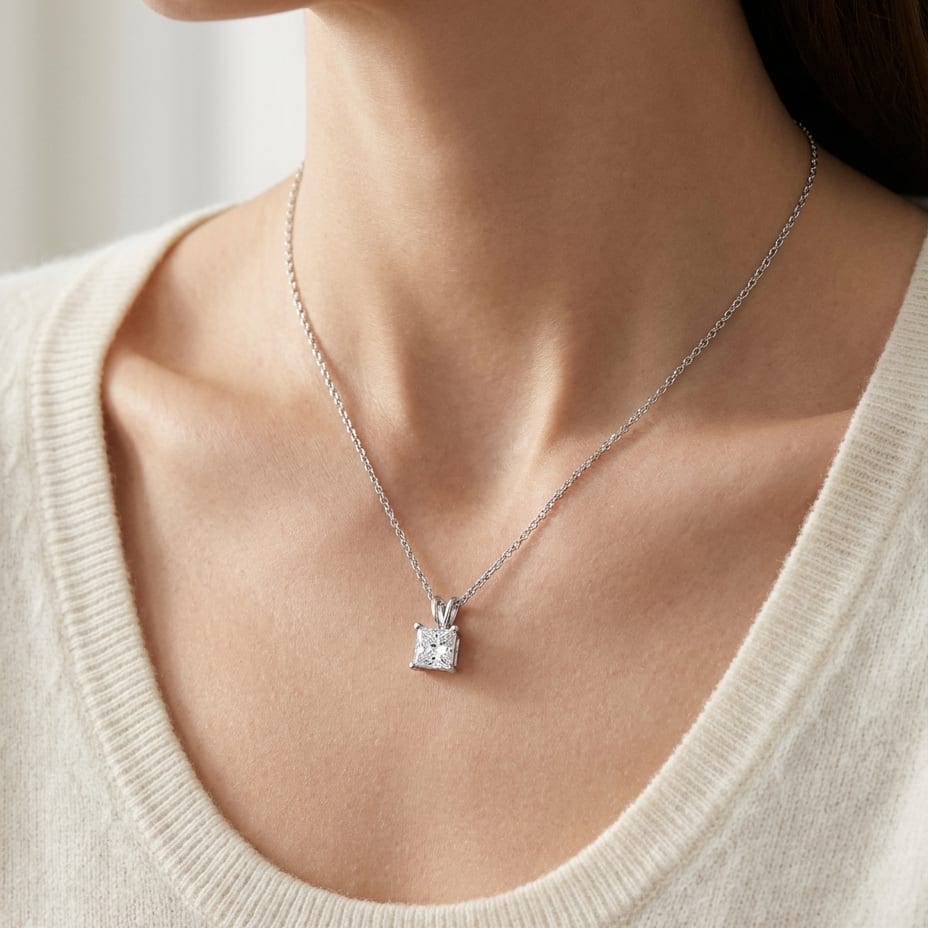 Natural Diamond Princess Cut Solitaire Pendant in 14K White Gold, 4 ct. t.w., worn close-up portrait