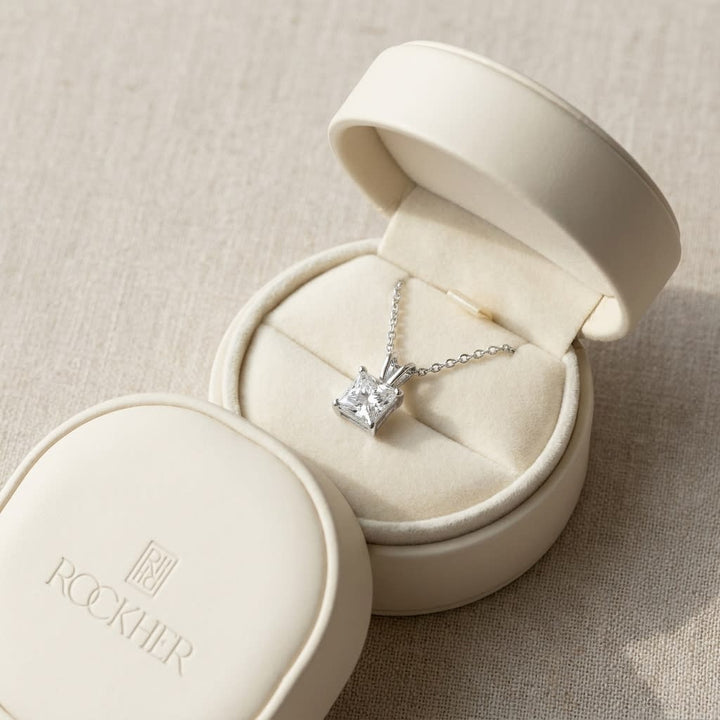 Natural Diamond Princess Cut Solitaire Pendant in 14K White Gold, 4 ct. t.w., in navy velvet jewelry box
