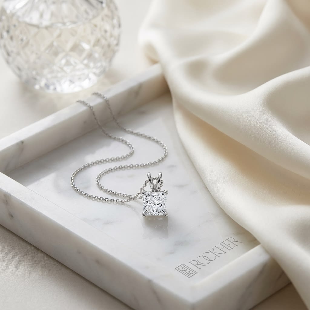 Natural Diamond Princess Cut Solitaire Pendant in 14K White Gold, 4 ct. t.w., on marble vanity tray with silk
