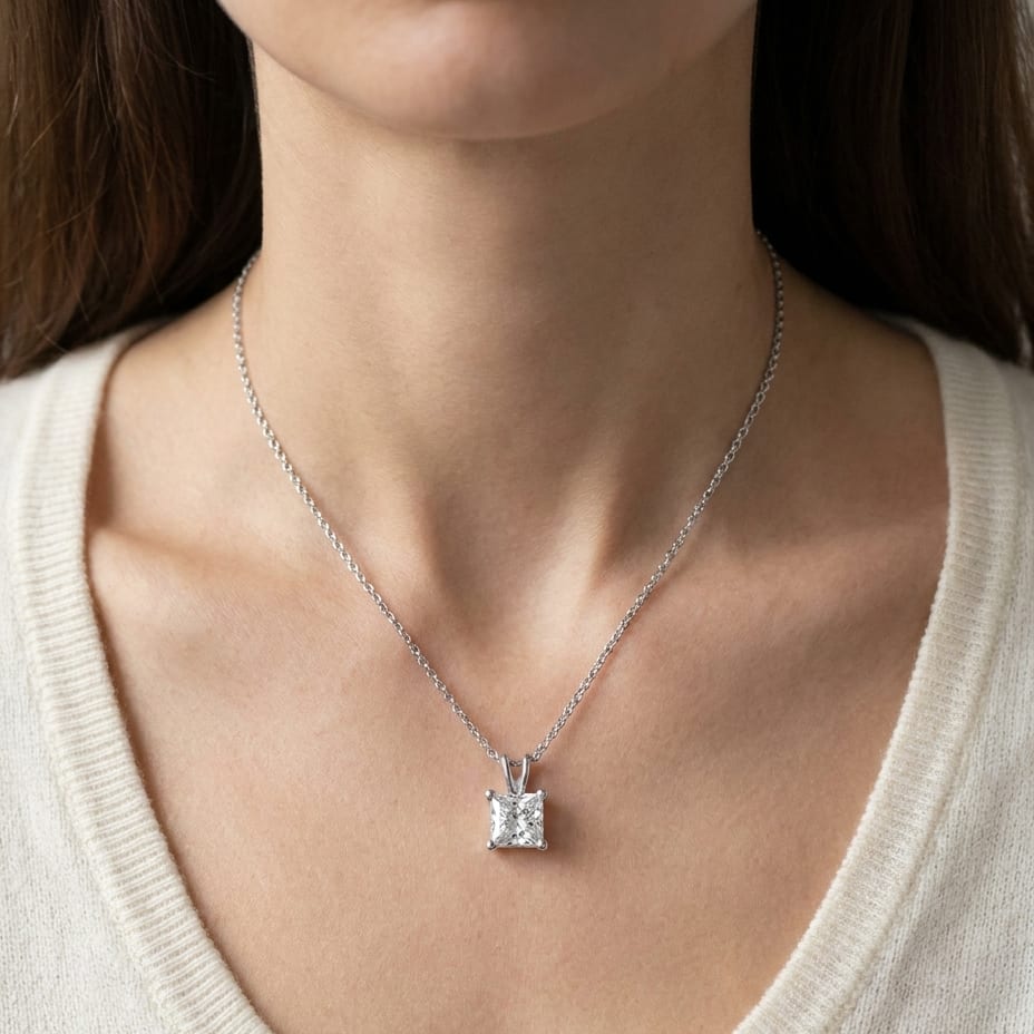 Natural Diamond Princess Cut Solitaire Pendant in 14K White Gold, 4 ct. t.w., worn close-up portrait