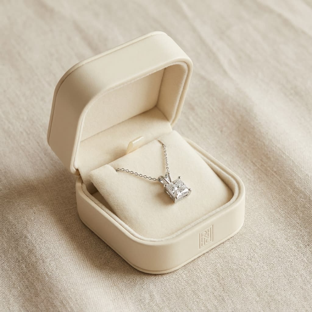 Natural Diamond Princess Cut Solitaire Pendant in 14K White Gold, 4 ct. t.w., in navy velvet jewelry box