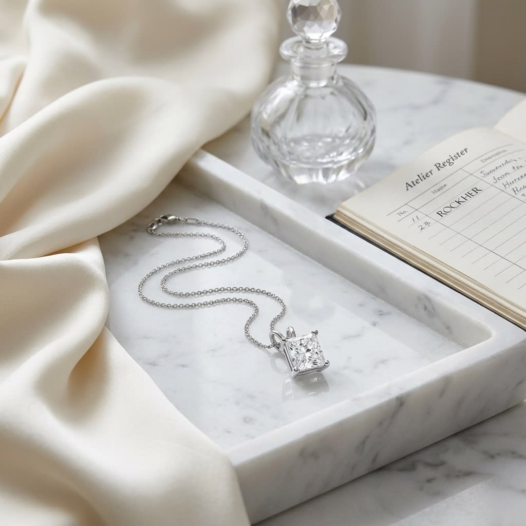 Natural Diamond Princess Cut Solitaire Pendant in 14K White Gold, 2 ct. t.w., on marble vanity tray with silk