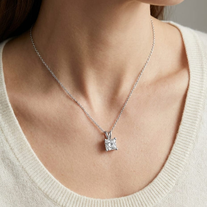 Natural Diamond Princess Cut Solitaire Pendant in 14K White Gold, 2 ct. t.w., worn close-up portrait