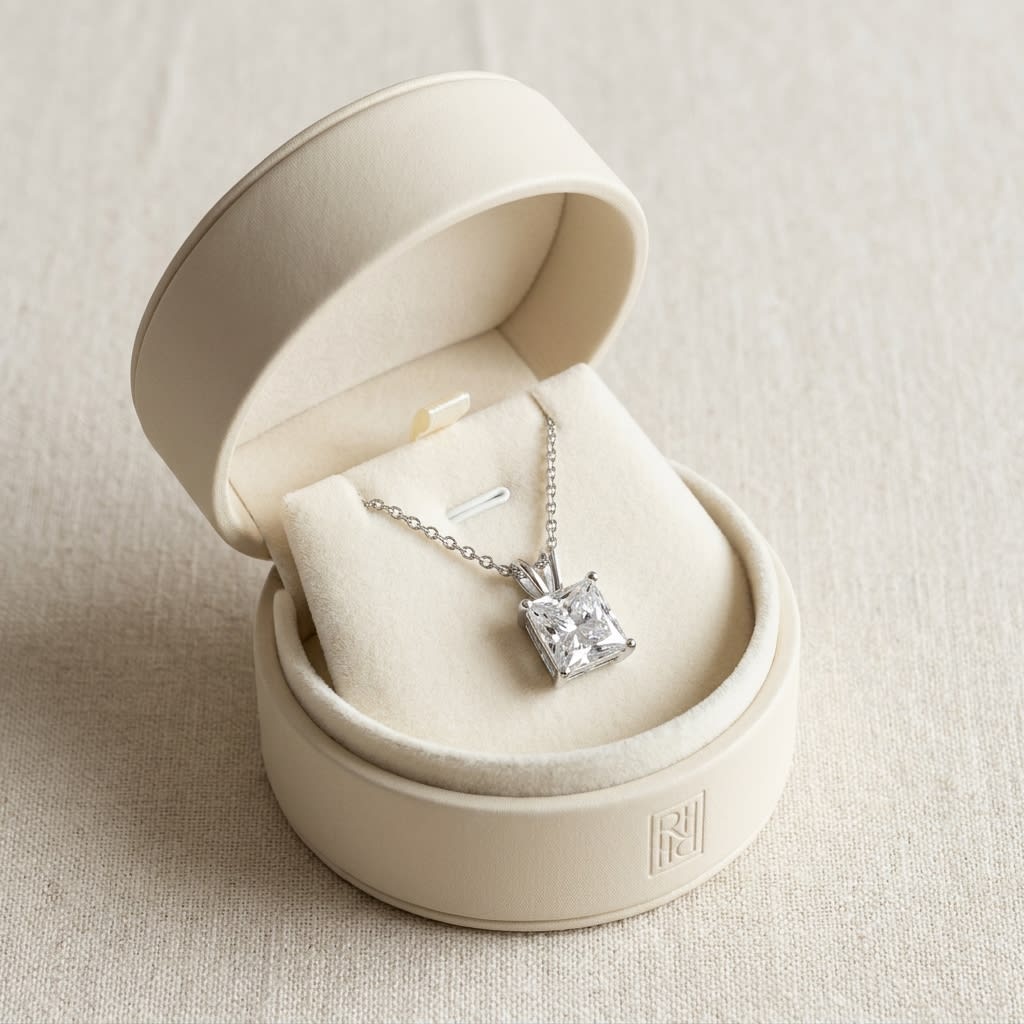Natural Diamond Princess Cut Solitaire Pendant in 14K White Gold, 2 ct. t.w., in navy velvet jewelry box