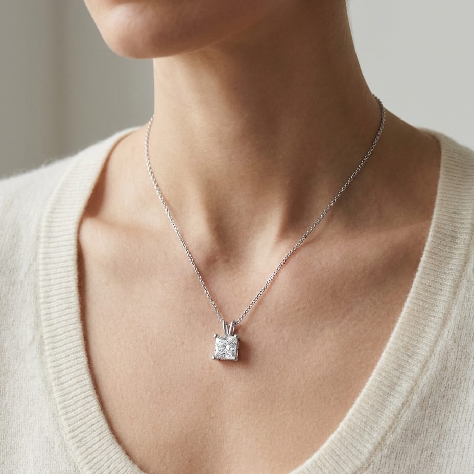 Natural Diamond Princess Cut Solitaire Pendant in 14K White Gold, 2 ct. t.w., worn close-up portrait