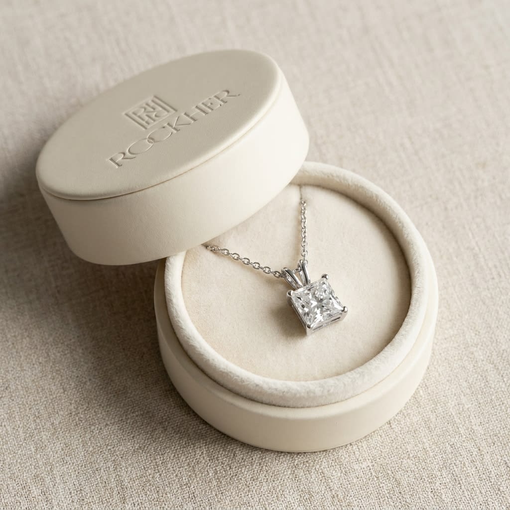 Natural Diamond Princess Cut Solitaire Pendant in 14K White Gold, 2 ct. t.w., in navy velvet jewelry box