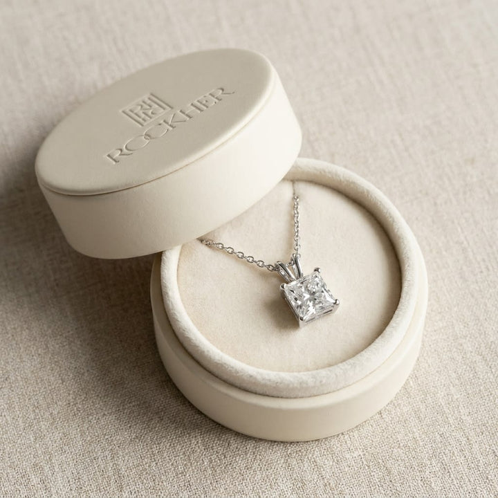 Natural Diamond Princess Cut Solitaire Pendant in 14K White Gold, 2 ct. t.w., in navy velvet jewelry box