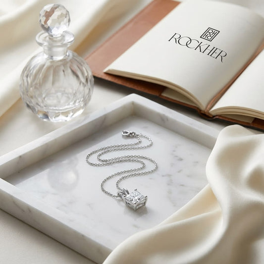 Natural Diamond Princess Cut Solitaire Pendant in 14K White Gold, 3 ct. t.w., on marble vanity tray with silk