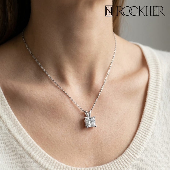 Natural Diamond Princess Cut Solitaire Pendant in 14K White Gold, 3 ct. t.w., worn close-up portrait
