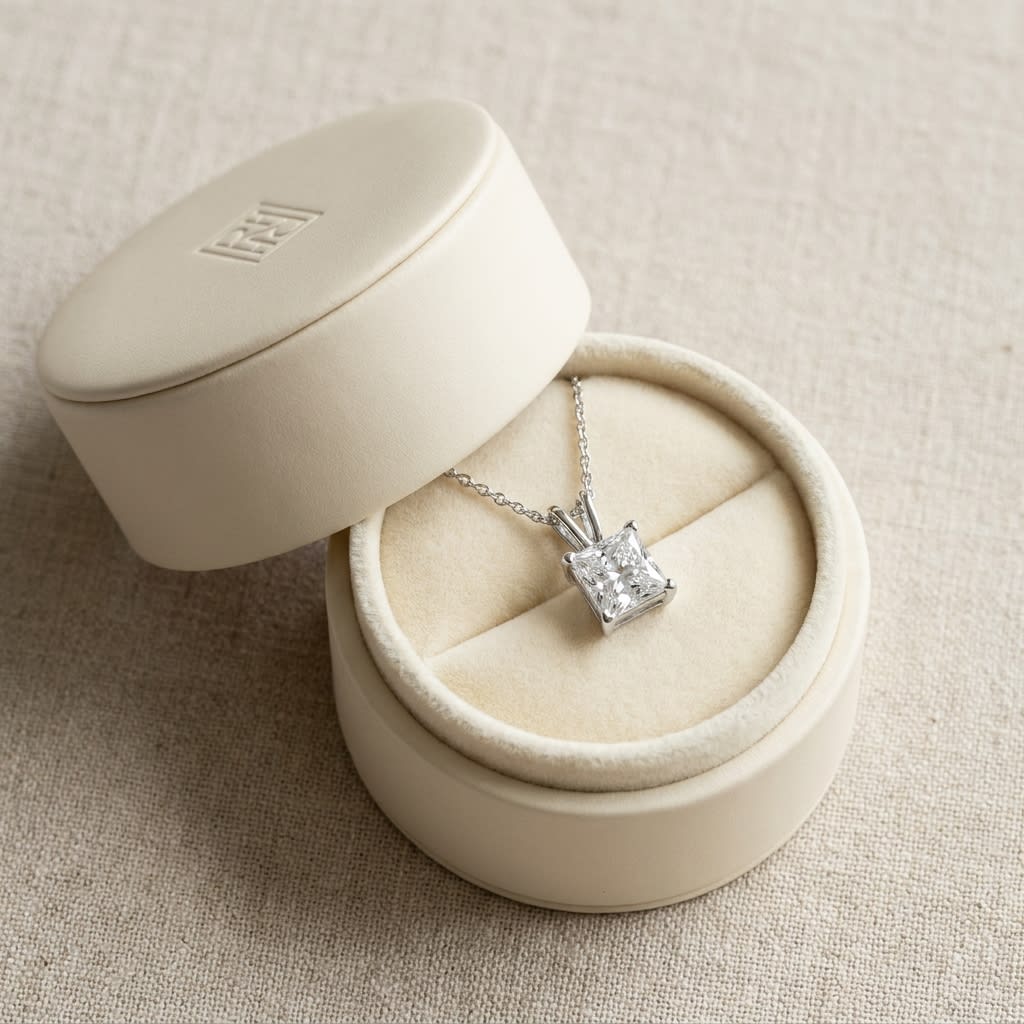 Natural Diamond Princess Cut Solitaire Pendant in 14K White Gold, 3 ct. t.w., in navy velvet jewelry box