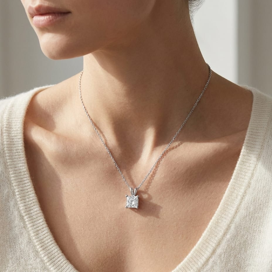 Natural Diamond Princess Cut Solitaire Pendant in 14K White Gold, 4 ct. t.w., worn close-up portrait