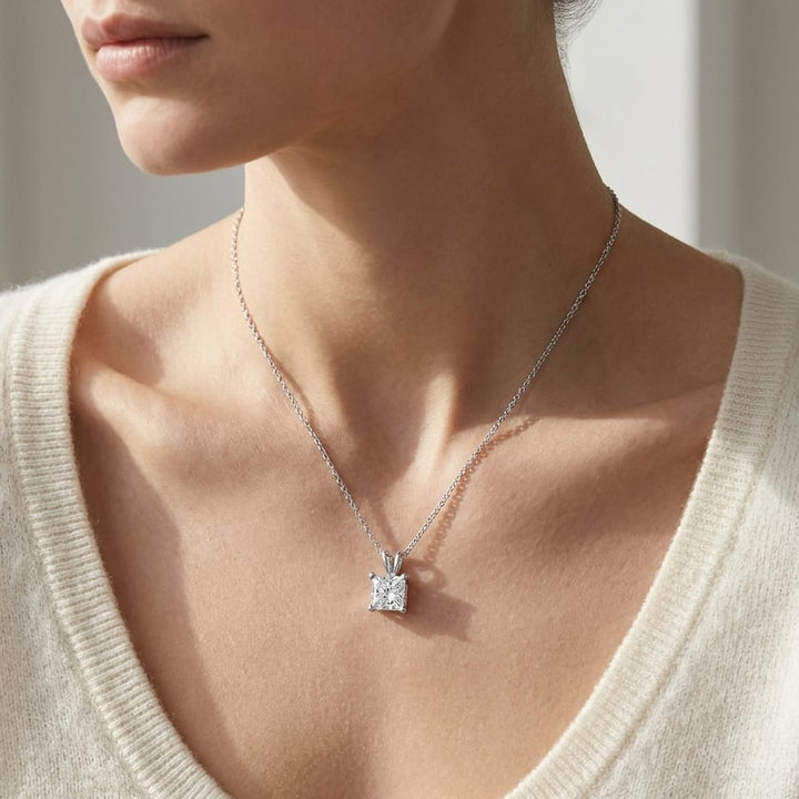 Natural Diamond Princess Cut Solitaire Pendant in 14K White Gold, 4 ct. t.w., worn close-up portrait