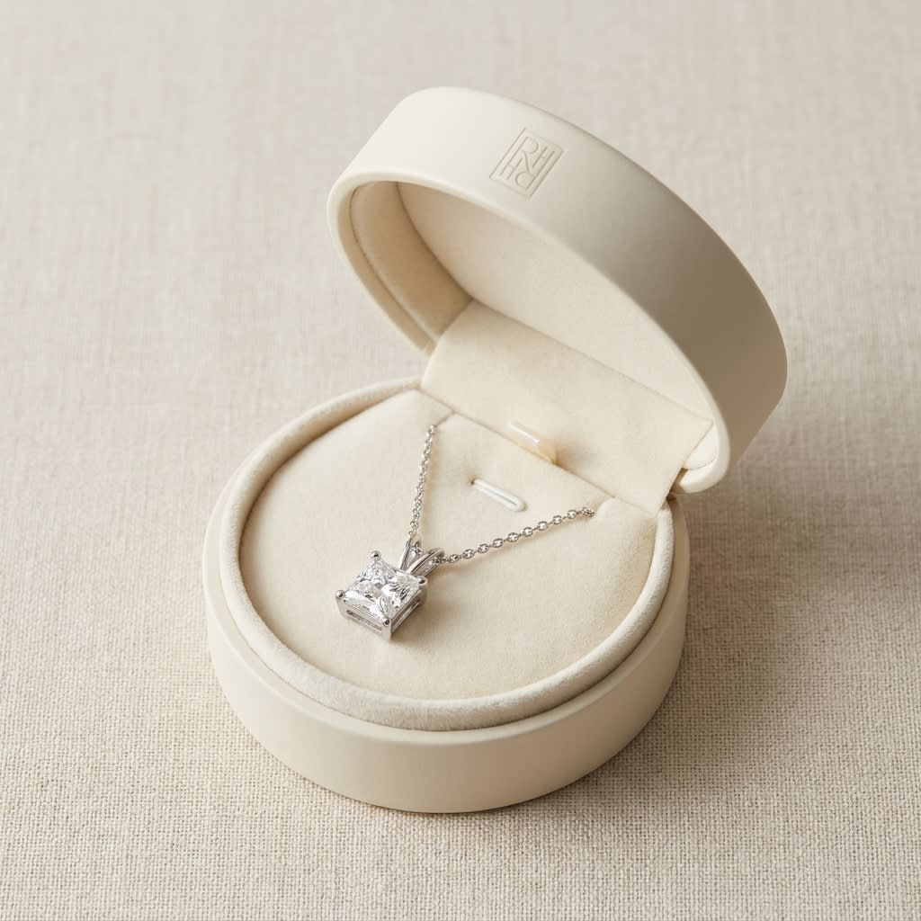 Natural Diamond Princess Cut Solitaire Pendant in 14K White Gold, 4 ct. t.w., in navy velvet jewelry box