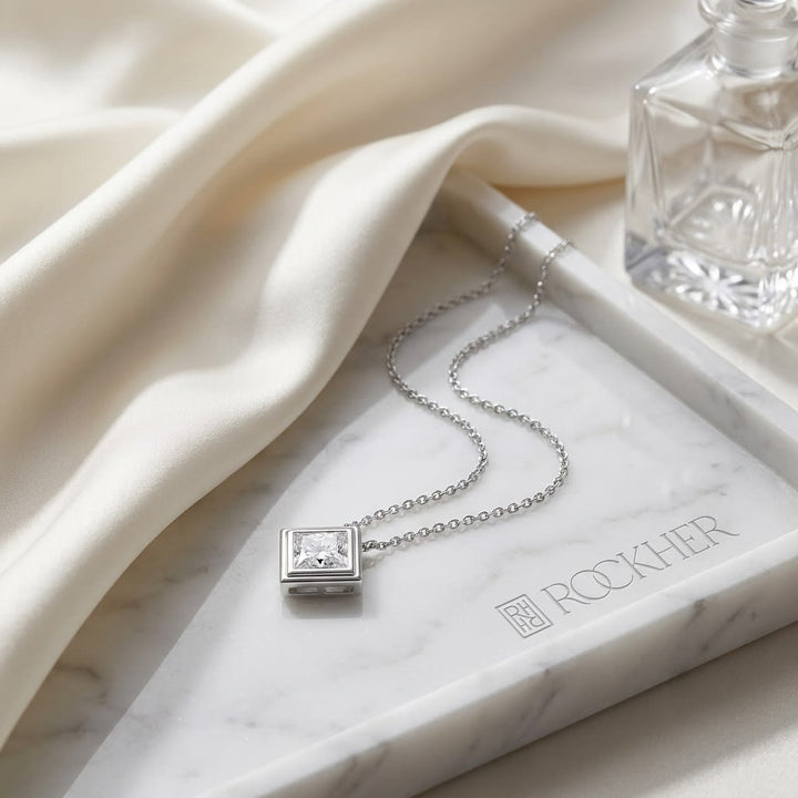 Natural Diamond Princess Cut Solitaire Pendant in 14K White Gold, 8 ct. t.w., on marble vanity tray with silk