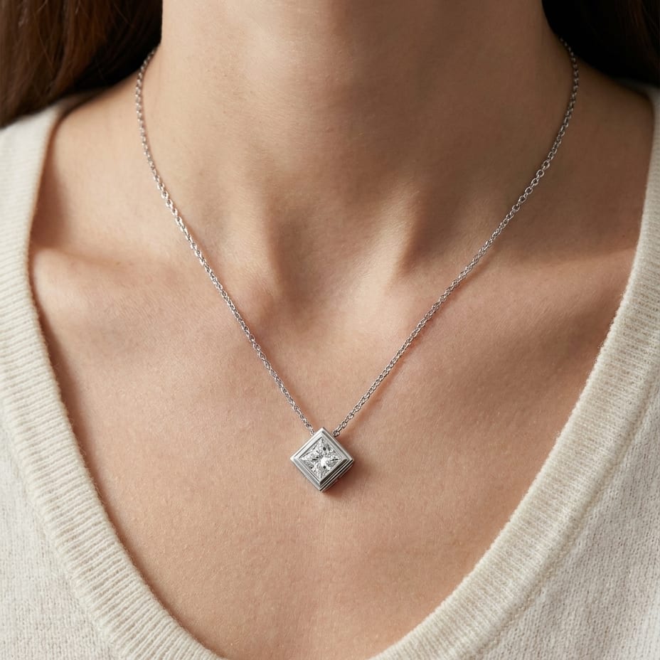 Natural Diamond Princess Cut Solitaire Pendant in 14K White Gold, 8 ct. t.w., worn close-up portrait