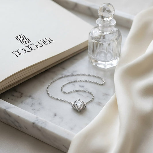 Natural Diamond Princess Cut Solitaire Pendant in 14K White Gold, 4 ct. t.w., on marble vanity tray with silk