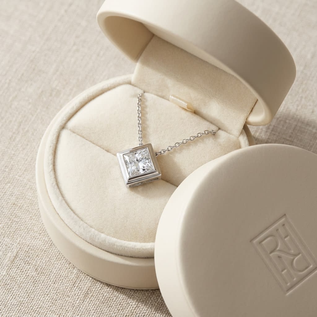 Natural Diamond Princess Cut Solitaire Pendant in 14K White Gold, 4 ct. t.w., in navy velvet jewelry box