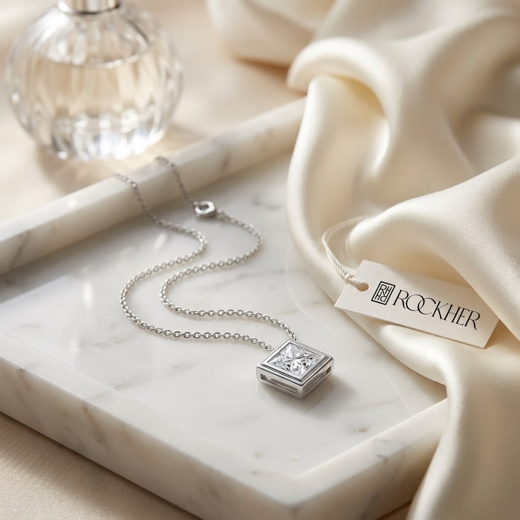 Natural Diamond Princess Cut Solitaire Pendant in 14K White Gold, 4 ct. t.w., on marble vanity tray with silk