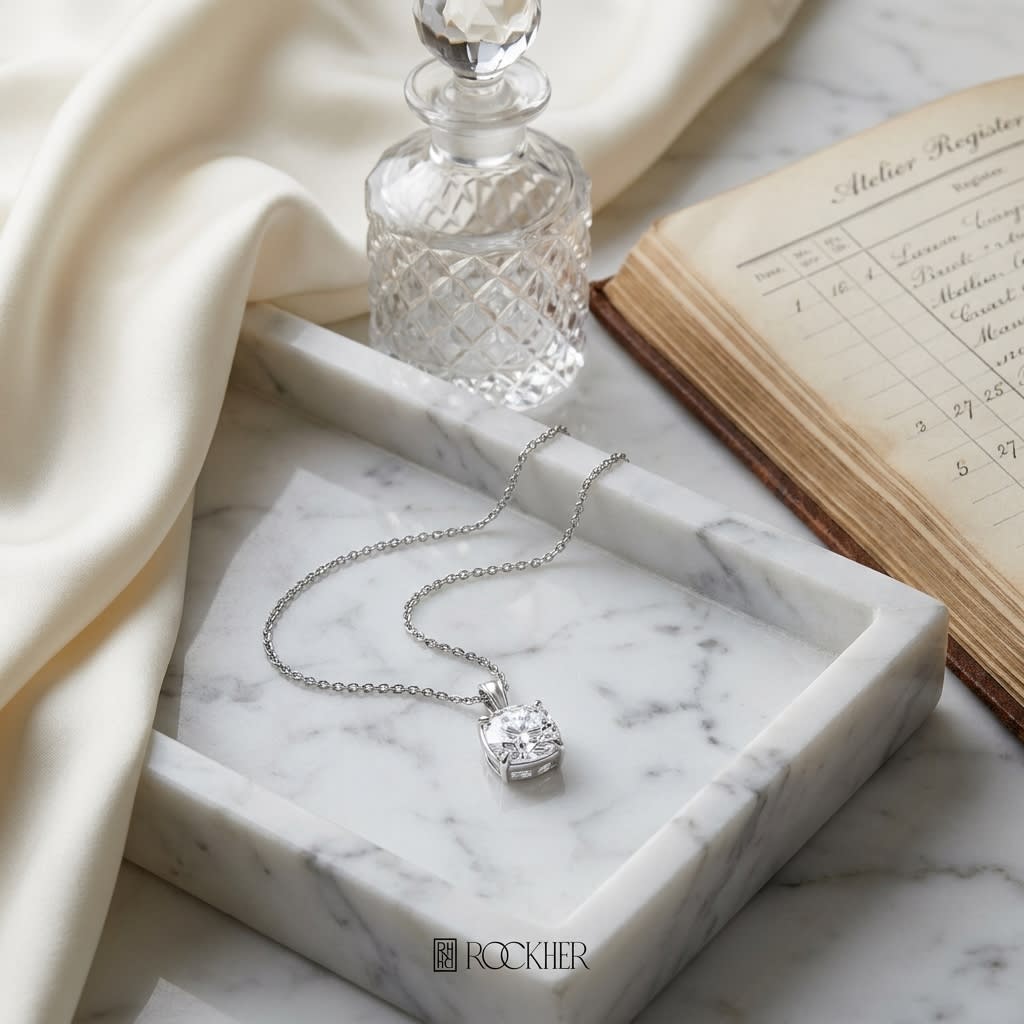 Natural Diamond Cushion Solitaire Pendant in 14K White Gold, 3 ct. t.w., on marble vanity tray with silk
