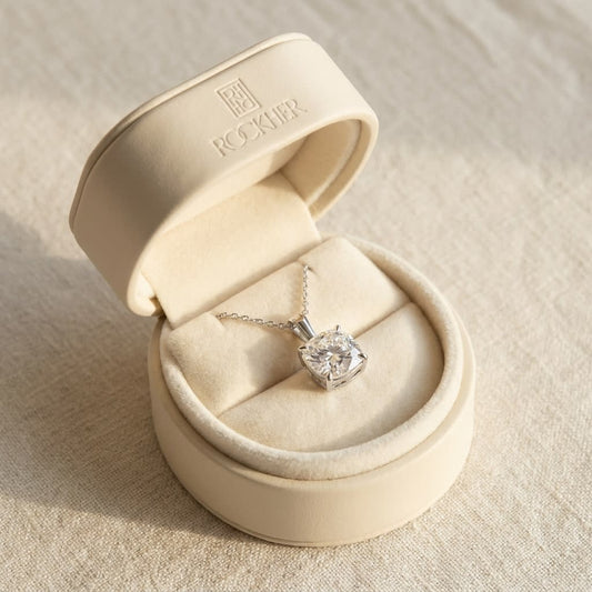 Natural Diamond Cushion Solitaire Pendant in 14K White Gold, 3 ct. t.w., in navy velvet jewelry box