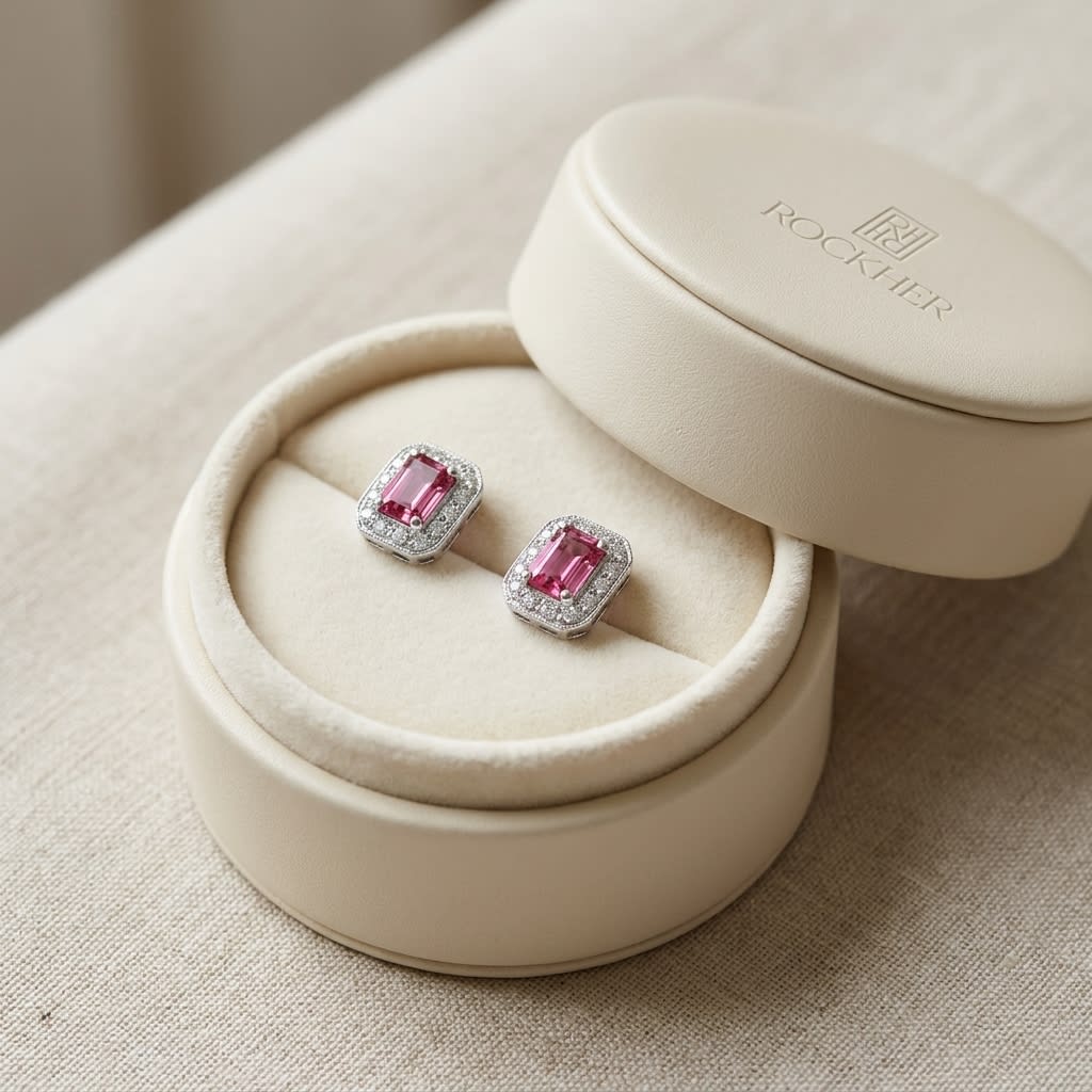 Pink Tourmaline Octagon Stud Earrings in 14K White Gold, in navy velvet jewelry box