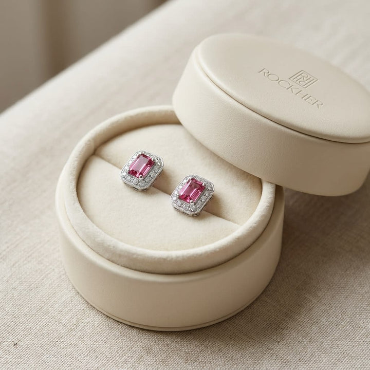 Pink Tourmaline Octagon Stud Earrings in 14K White Gold, in navy velvet jewelry box