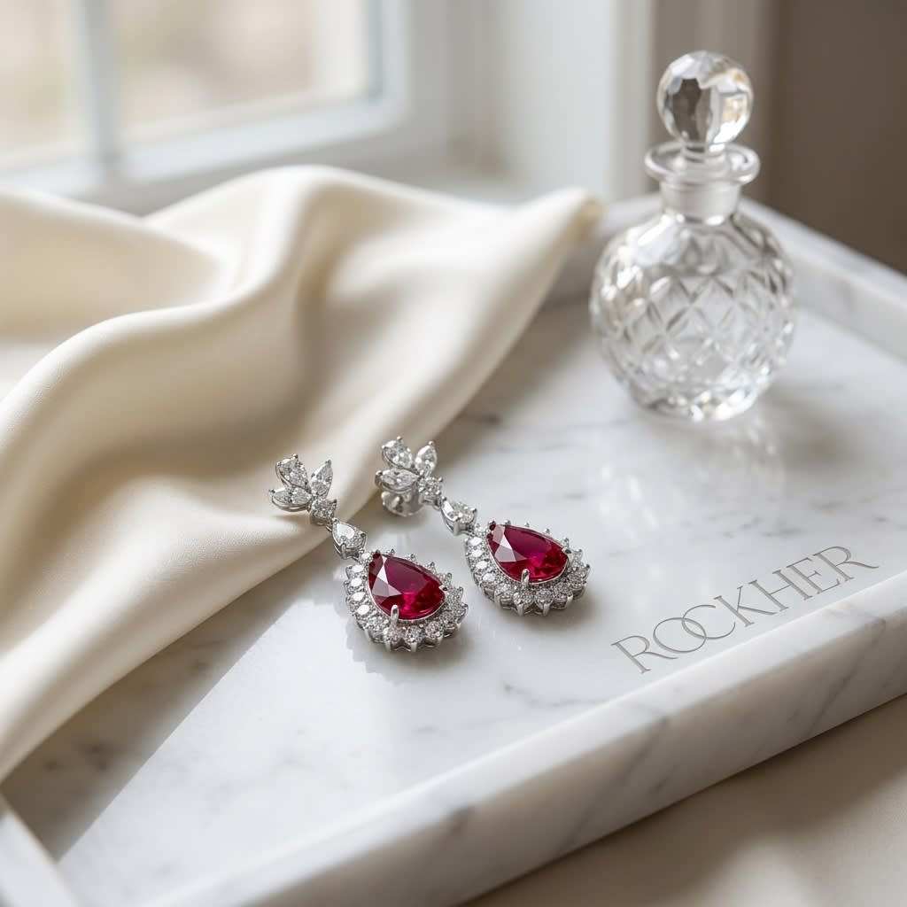 Rubellite And Diamond Teardrop Dangle Earrings in 14K White Gold, on marble vanity tray with silk