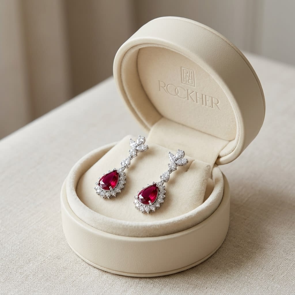 Rubellite And Diamond Teardrop Dangle Earrings in 14K White Gold, in navy velvet jewelry box
