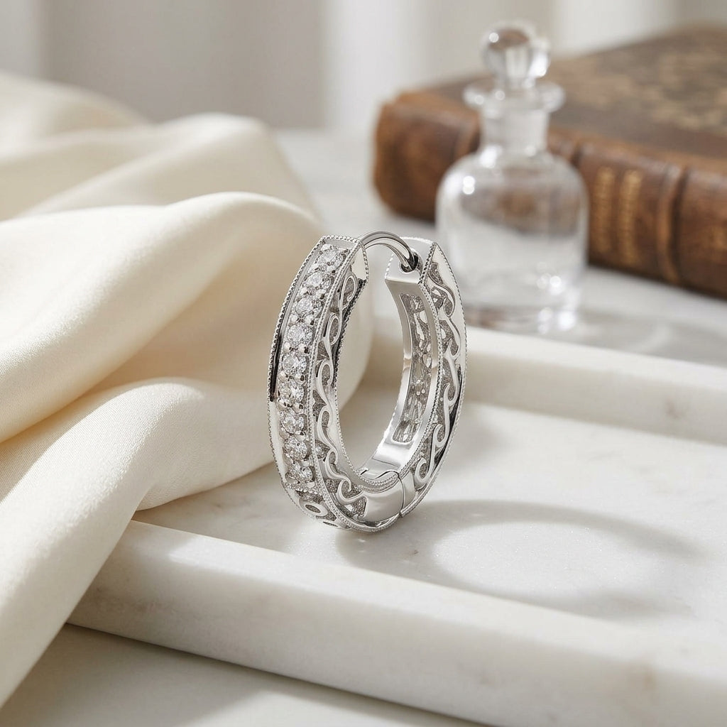 Diamond Filigree Huggie Earrings 1/5ctw in 14K White Gold - lifestyle