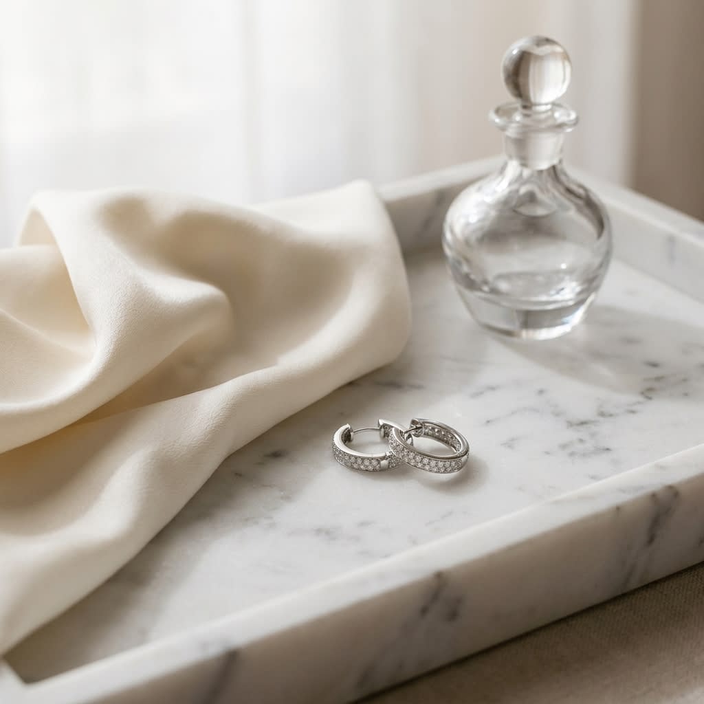 Diamond Hinged Back Filigree Hoop Earrings in 14k White Gold 0.19ctw, on marble vanity tray with silk