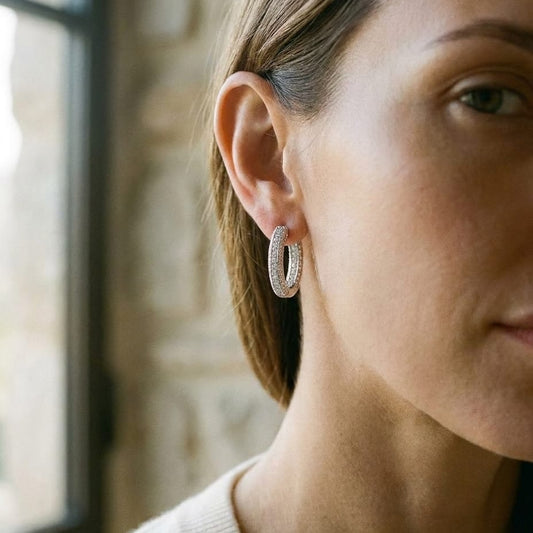 Diamond Hinged Back Filigree Hoop Earrings in 14k White Gold 0.19ctw, worn close-up portrait