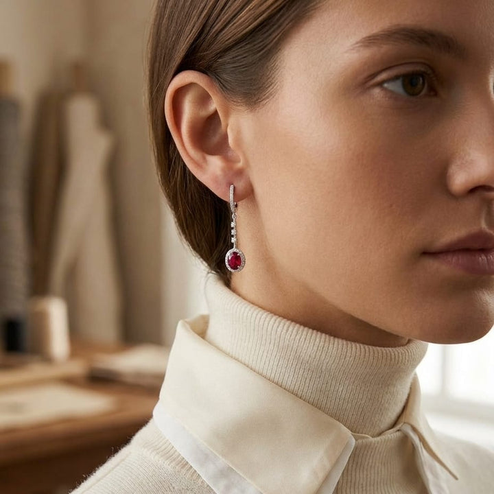 Ruby & Diamond Dangle Oval Halo Earrings in 14K White Gold - lifestyle