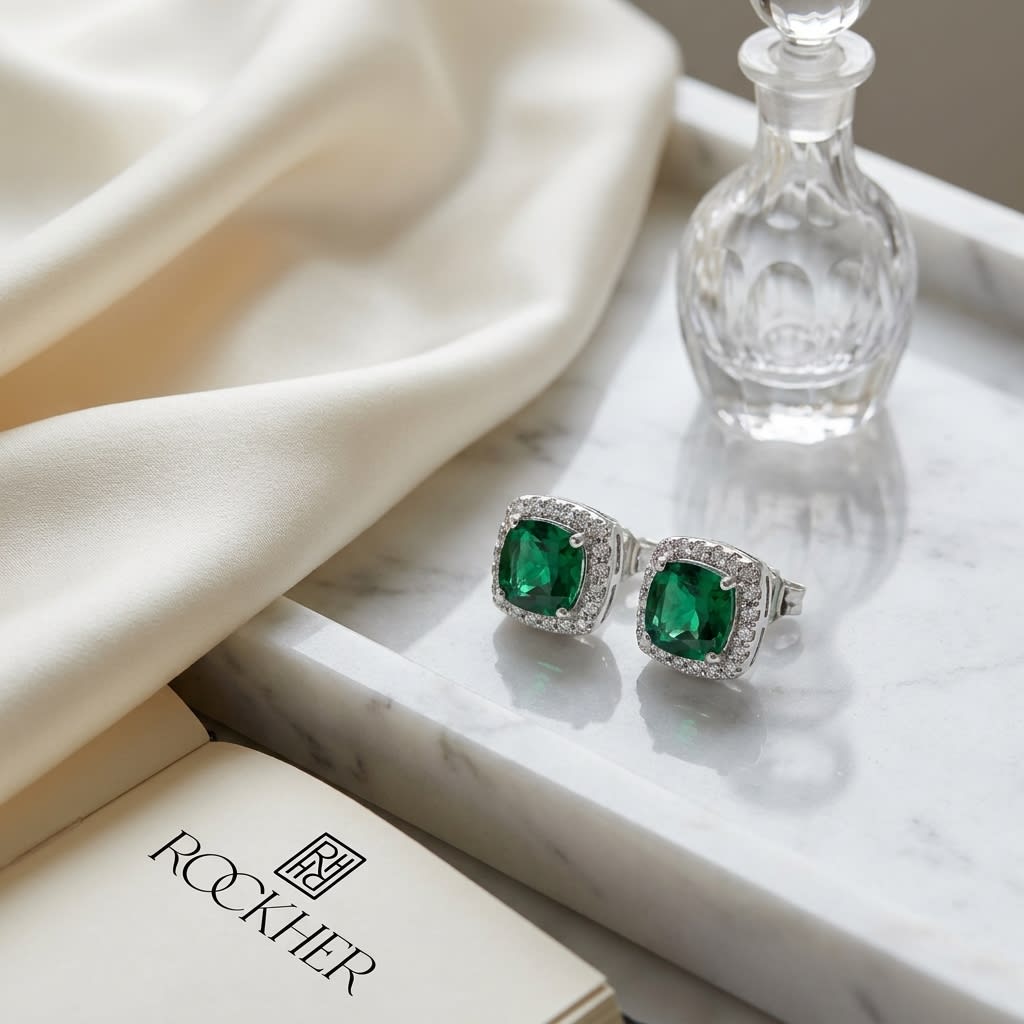 Created Emerald Square Stud Earrings in 14K White Gold, on marble vanity tray with silk